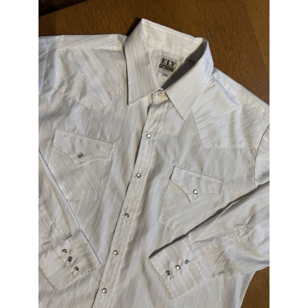 ELY Cattleman‎ Western Snap Shirt XL White Metallic Stripe Pearl Snap Cowboy